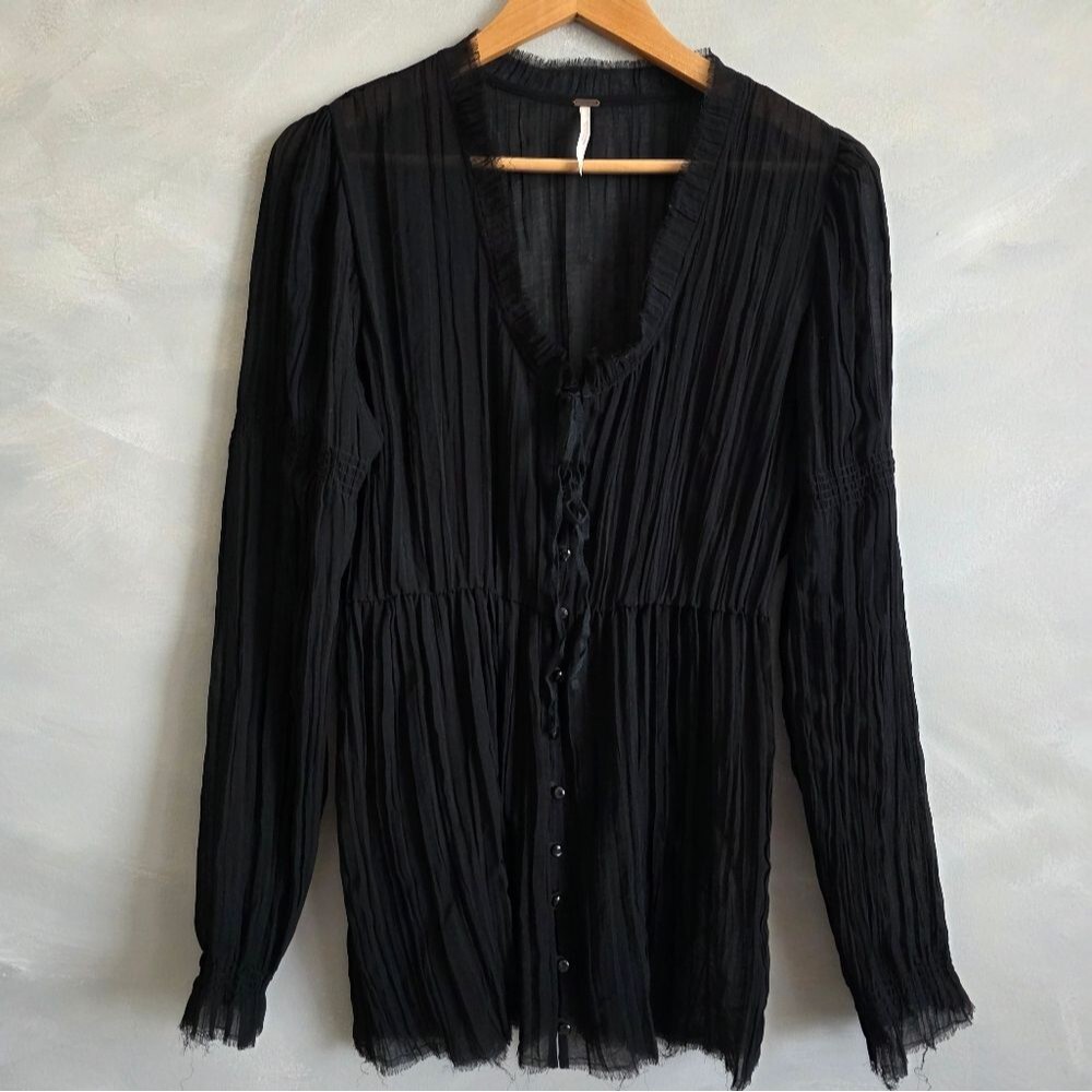 Free People Black Button Front Sheer Mesh  Raw Trim Top Size M Long Sleeve